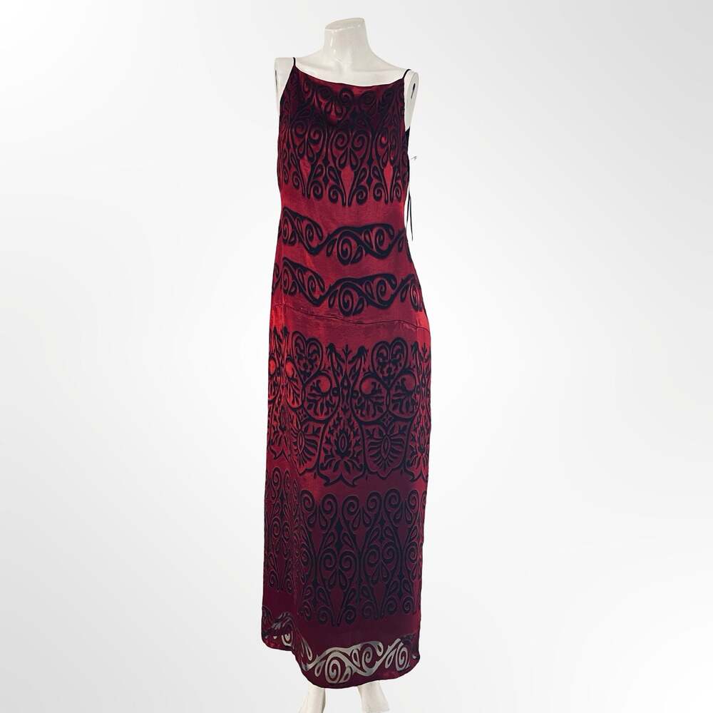 Georgiou Vintage 90s Red and Black Velvet Burnout Sleeveless Maxi Dress